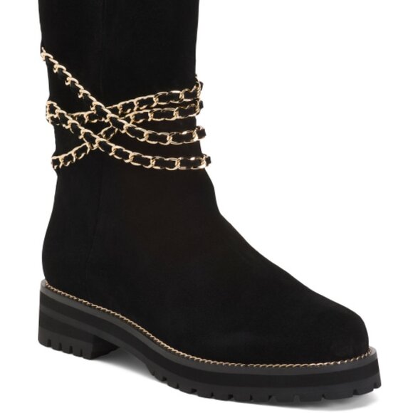 NEW CECELIA NEW YORK Chocolate Suede Misunderstood Chain Boots Black 864tn - Picture 2 of 6